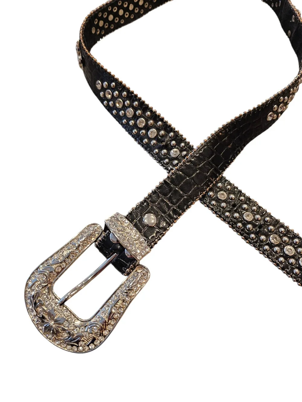 Black embossed leather western-style rhinestone studded belt Sz L/XL Y2K Bling